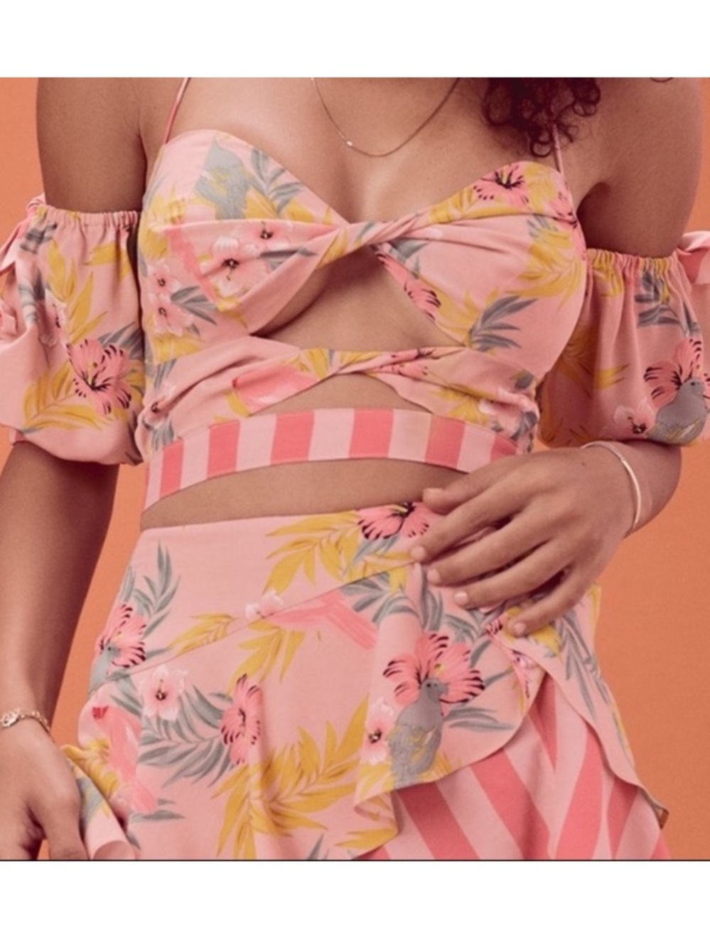 For Love & Lemons Off the Shoulder Floral Knot Cutout Crop Top S New